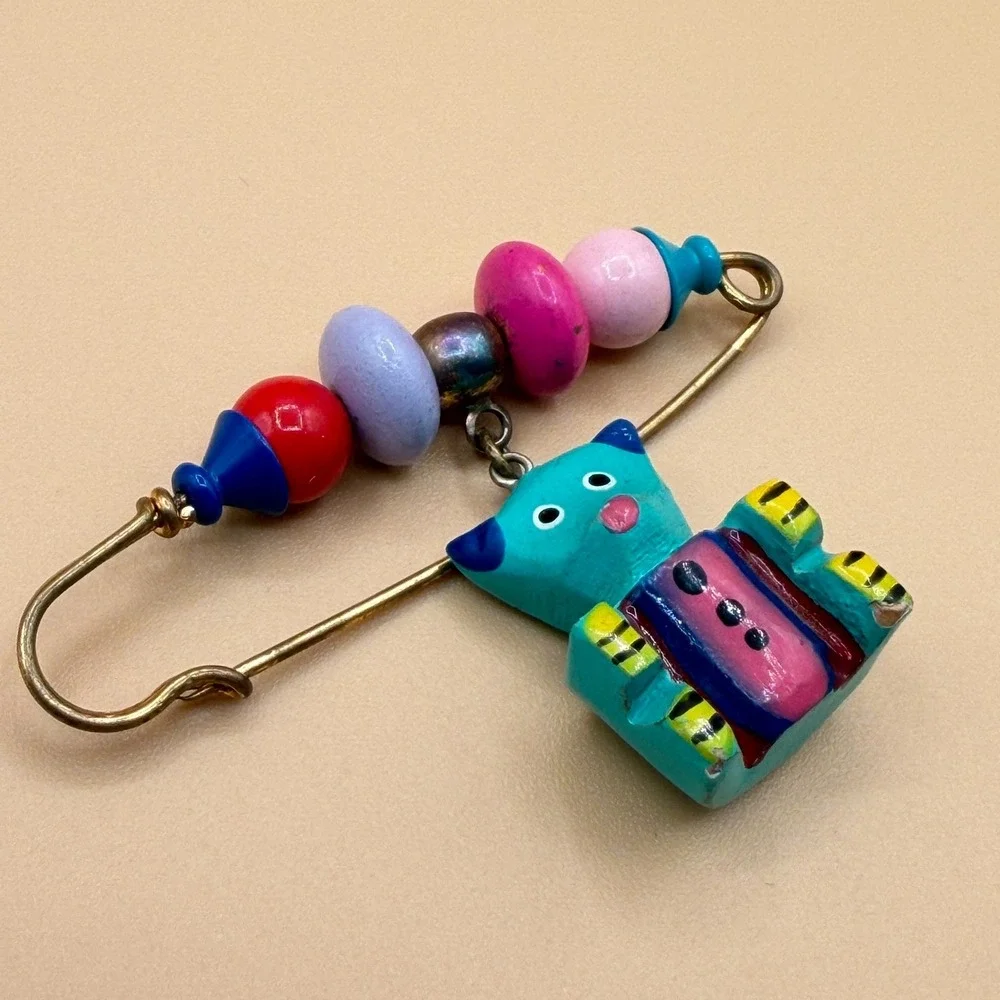 Colorful Cat Beaded Safety Pin Brooch Folk Art Whimsical Boho Statement Gift